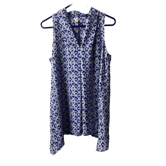 Spease Top Womens Large Blue White V Neck Floral Sleeveless Kercheif Hem Blouse - Picture 1 of 5